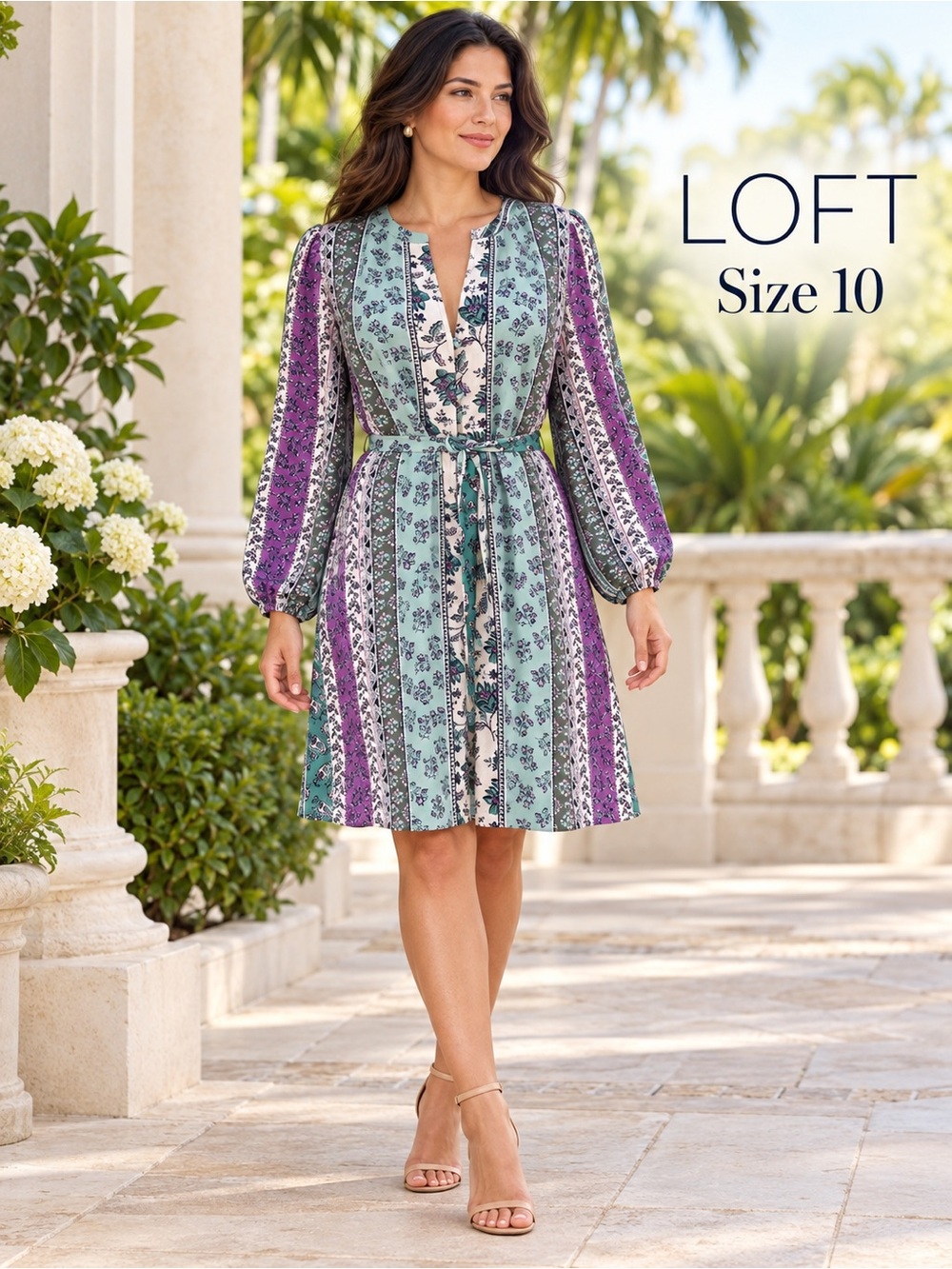 NWT LOFT Teal Purple Floral Stripe Tie Waist Dress Size 10
